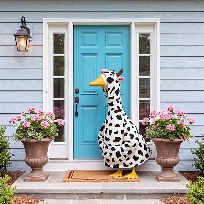 Cow Porch Goose Outfit for 23" Cement Plastic Goose Clothes Cow Costume with Horns for 23" Geese Statue Decoration Patio Yard Garden Lawn Outdoor Decors
