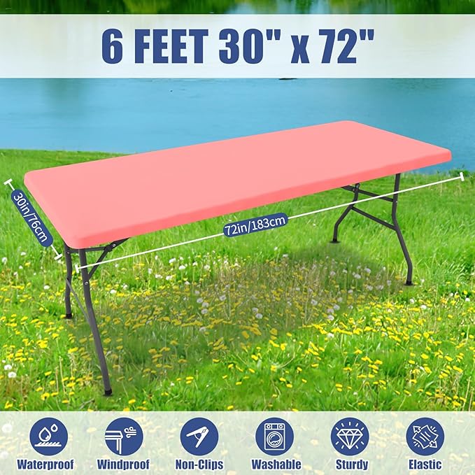 Moosfor Spandex 6 Foot Rectangle Table Cloth 2 Pack, Elastic Fitted Tablecloths for Picnic, Stretch Washable Patio Table Cover for Outdoor, Camping, Banquet and Parties(Coral Red, 30"x72")