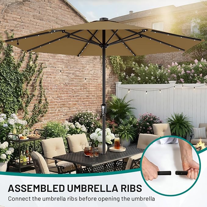 AreShark 11FT Large Patio Umbrella with Solar Lights, Lighted Solar Umbrella with Crank, Outdoor Table Market Umbrellas for Garden, Deck, Backyard, Pool and Beach, Khaki