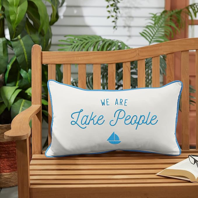 Sorra Home Trupedic Indoor/Outdoor Tan Lumbar Embroidered Pillow We are Lake People