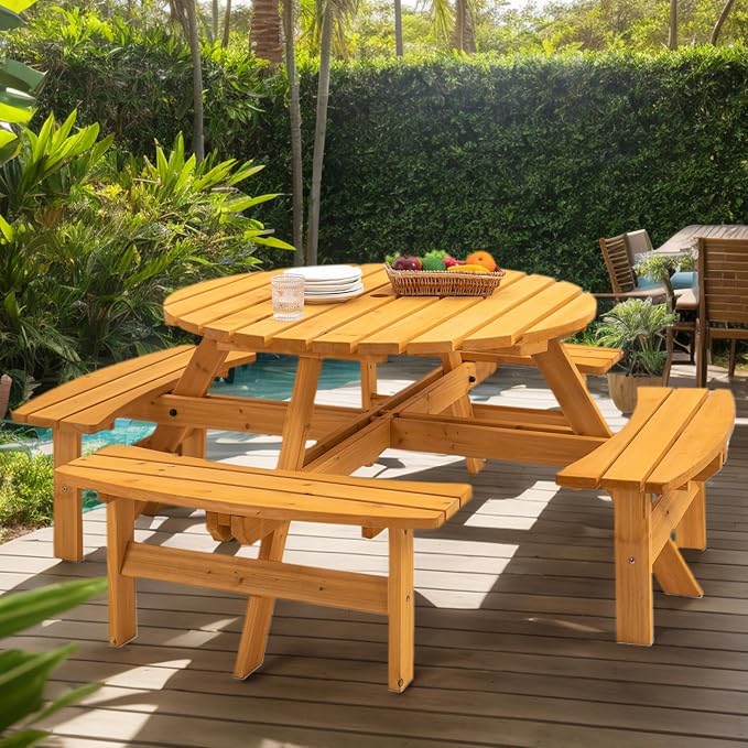 HRVEOCEI 8-Person Round Picnic Table with 4 Built-in Benches & Umbrella Hole, Wooden Picnic Tables for Outdoors, Patio, Backyard, Garden, 70"X70"X27.5'', 2220 lb Capacity (Round, Natural, 8-Person)