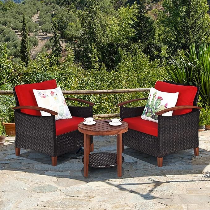 HAPPYGRILL 3 Pieces Patio Conversation Set Outdoor Rattan Wicker Sofa Set with Cushion and Acacia Wood Frame Table and Chairs Set for Garden Poolside Balcony