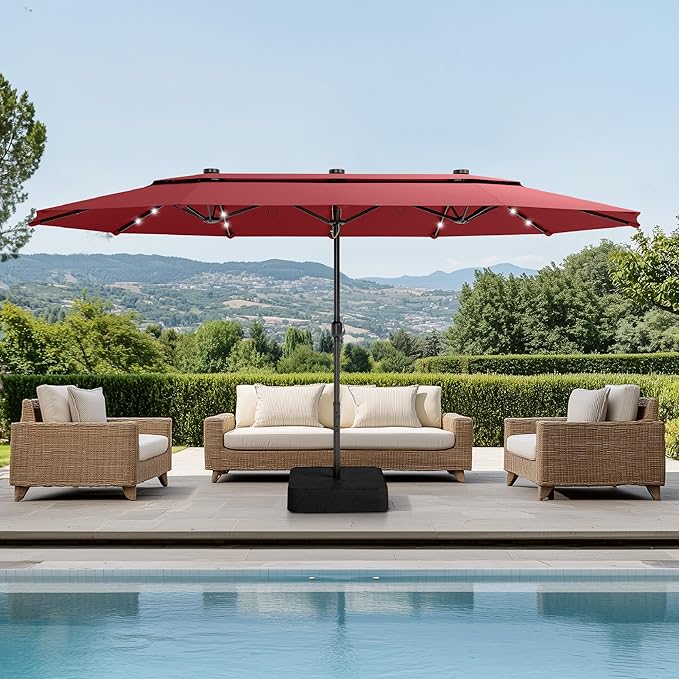 PHI VILLA 15ft 2-Tier Large Patio Umbrella with Solar Lights, Double-Sided Outdoor Market Rectangle Umbrellas with 36 LED Lights, Umbrella Base (Stand) Included, Wine Red