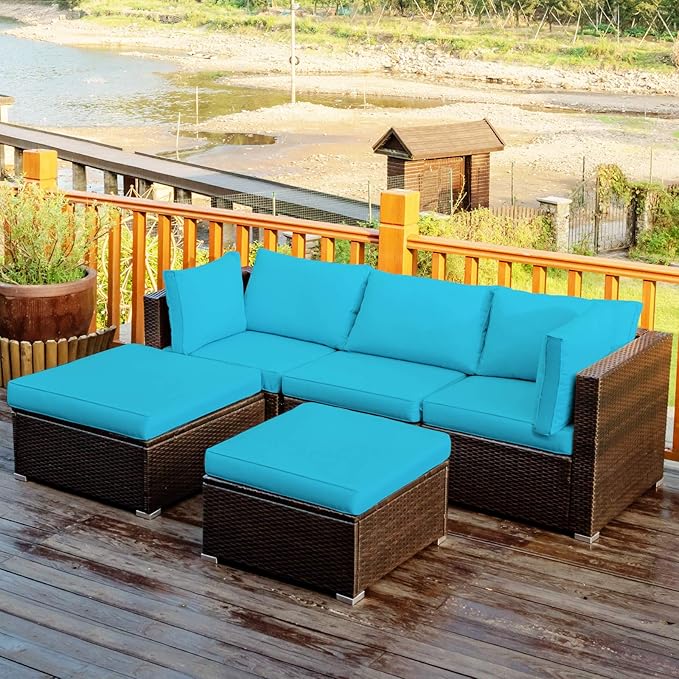Tangkula 5 Piece Patio Furniture Set, Outdoor Sectional Rattan Sofa Set with Cushions and Coffee Table, Suitable for Backyard Porch Garden Poolside and Deck, Wicker Conversation Set (Turquoise)