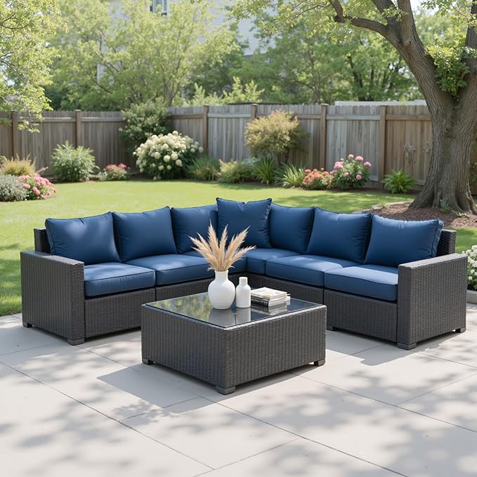 Patio Furniture Set, 7PCS Outdoor Sectional PE Rattan Patio Conversation Set w/Thickened Cushion Modular Wicker Patio Sofa Set w/Coffee Table for Balcony, Backyard(Blue)