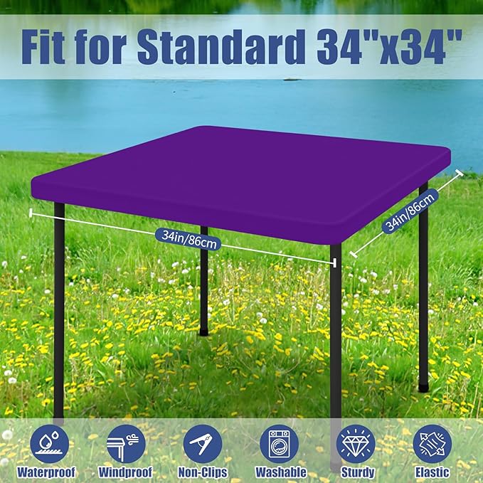 Moosfor Spandex Picnic Table Cloth 2 Pack, Elastic Fitted Tablecloths for Square Tables, Stretch Washable Patio Table Cover for Outdoor, Camping, Banquet and Parties (Purple, 34"x34")