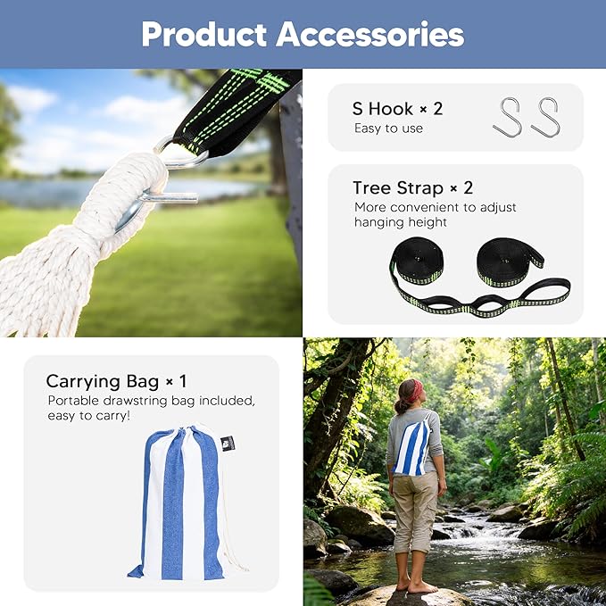 SUNCREAT Hammocks Outdoor Camping Double Hammock for Trees, Backyard Hammock Portable, Blue & White