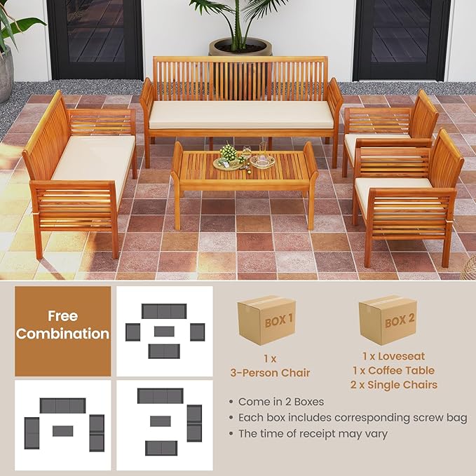 HAPPYGRILL 5 Pieces Acacia Wood Patio Conversation Set, Outdoor Furniture Sofa Set with Removable Seat Cushions, Sectional Sofa & Table Set for Garden Backyard Deck Poolside