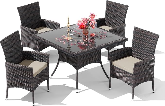 5 Pieces Outdoor Patio Dining Set,Patio Table and Chairs Rattan Outdoor Patio Furniture Set with Umbrella Hole,Dining Table Set for 4 with Chairs for Backyard,Garden and Kitchen,Brown