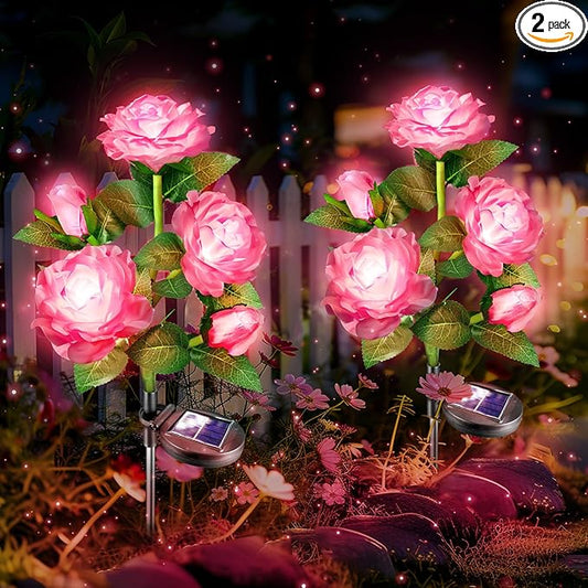 Anordsem Solar Garden Lights Outdoor: 10 Artificial Fabric Pink Roses Flowers 2 Pack- LED Flower Decorations for Cemetery Grave Pathway Yard- Mothers Day Gifts for Women, Wife and Mother