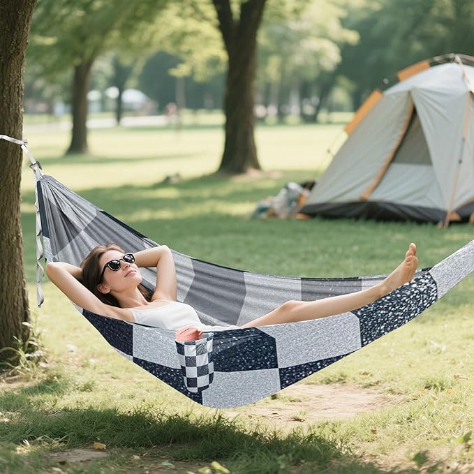 Fake Glitter Checkerboard Squares White Navy Blue 330lb Capacity Outdoor Hammock with Hanging Ropree Hammock for Patio Backyard Lounge Base Bases para hamacas para adultos