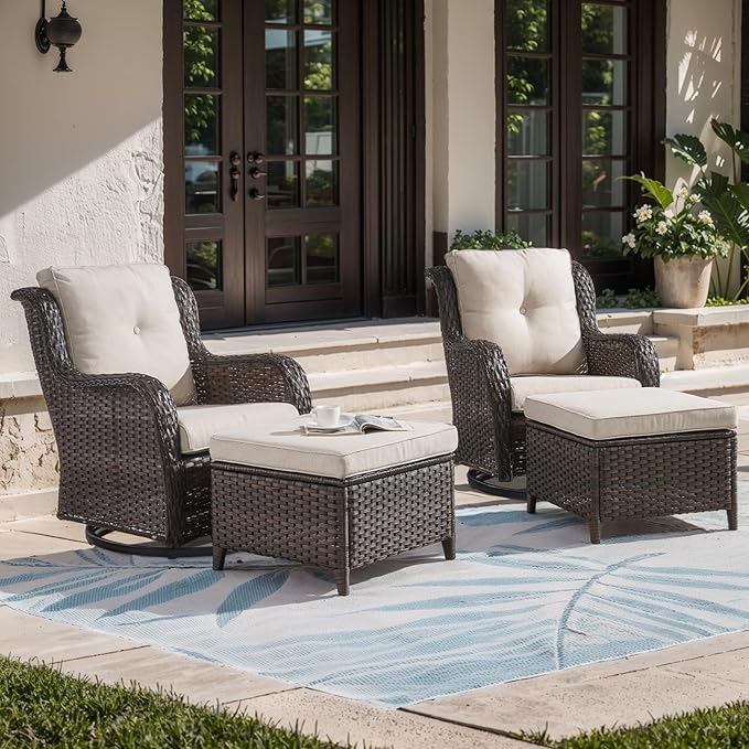 Outdoor Swivel Chairs-Patio Swivel Glider Chairs with Ottomans Outdoor Conversation Set for Deck Balcony Poolside Backyard-Brown/Beige