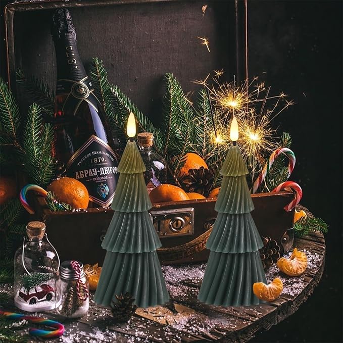 Christmas Tree Spiral Skirt-Shaped Flameless Candles with 6H Timer, 2 Pcs Battery Operated LED Pillar Candle with Flickering 3D Wick, Green Candles for Home Décor Christmas Gifts