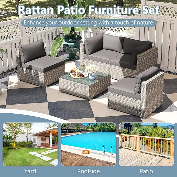 Tangkula 10-Piece Outdoor Patio Sectional Sofa Couch, PE Rattan Conversation Set w/Glass Coffee Table & Cushions, Outdoor Furniture Set w/Sturdy Metal Frame for Garden Poolside Backyard