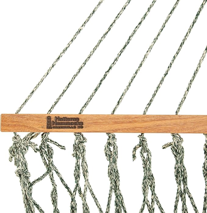 Hatteras Hammocks Small Green Oatmeal Heirloom Tweed DuraCord Rope Hammock – 11 ft. x 45 in., 450 lb Capacity, Cumaru Spreader Bar, Zinc-Plated Hardware, Handcrafted in The USA