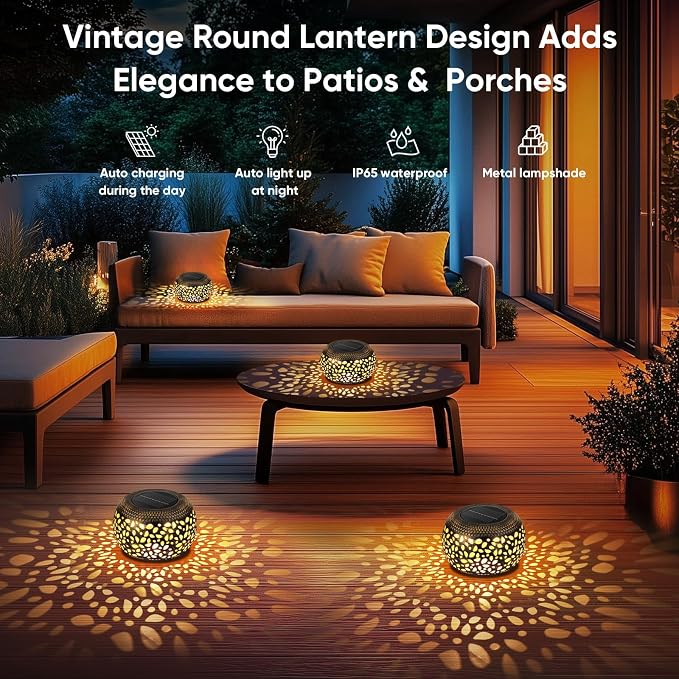Solar Lanterns Waterproof Outdoor Decor: 2 Pack Hollow Out Retro Metal Solar Lights - Unique Gardening Gifts for Women Mom - Outside Garden Yard Patio Porch Tabletop Decorations 2 Lighting Colors