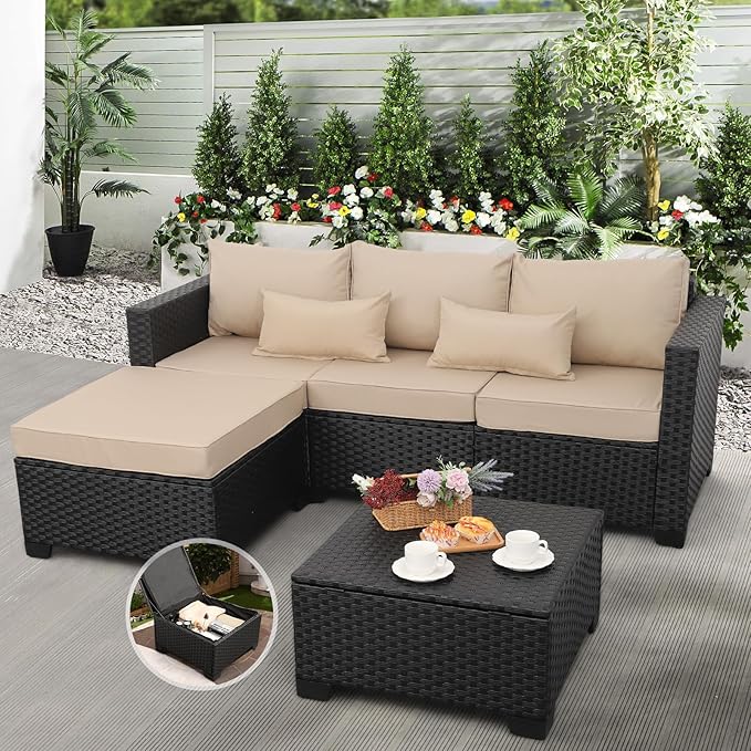 Outdoor Furniture Set 3 Pieces Wicker Patio Furniture Outdoor Sectional Patio Couch Outdoor Coffee Table with Storage All-weather Non-slip Cushions Waterproof Covers, Khaki