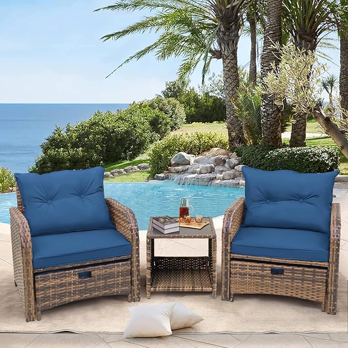 5 Pieces PE Wicker Patio Chairs with Ottomans, Outdoor Balcony Chairs with Ottomans, 5 PCS Outdoor Patio Furniture Set with Ottoman for Porch Sunroom Poolside, Blue Cushion