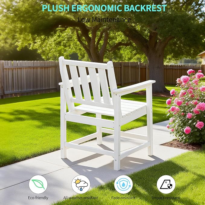 Outdoor Chairs All-Weather Patio Dining Chair with Backrest and Armrest, 300 LBS Support HDPE Outdoor Patio Furniture Chairs for Garden, Deck, Porch, White