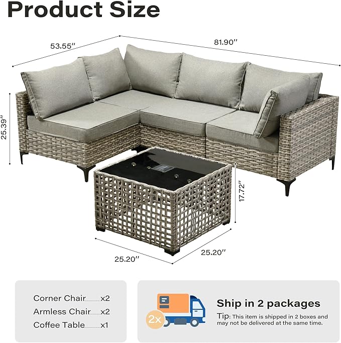 5 Pieces Patio Furniture Set with Solar Light Coffee Table, All-Weather Rattan Outdoor Sectional Conversation Sets L Shaped Sofas for Outside Porch Balcony Backyard Dark Grey
