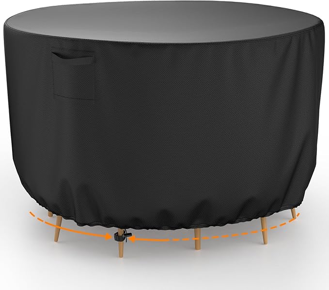 Round Patio Furniture Cover, Waterproof Outdoor Table Covers, Windproof Heavy Duty Patio Furniture Cover for Outdoor Table Chair Furniture Set, Tear Resistant, 110"DIA x 28"H, Black
