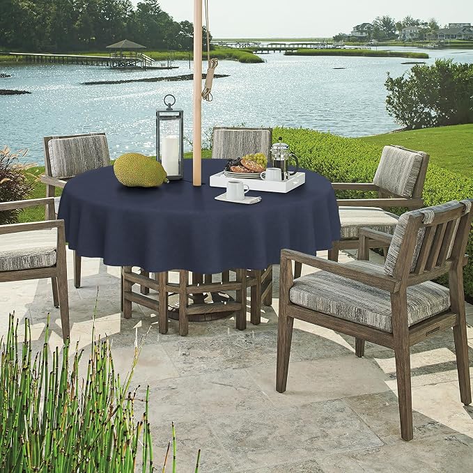 DYTXIII Outdoor Round Tablecloth with Umbrella Hole 60 Inch, Water Repellent & Fade Resistant Table Cover, All Weather Outdoor Tablecloth for Garden & Party Table, Textured Navy