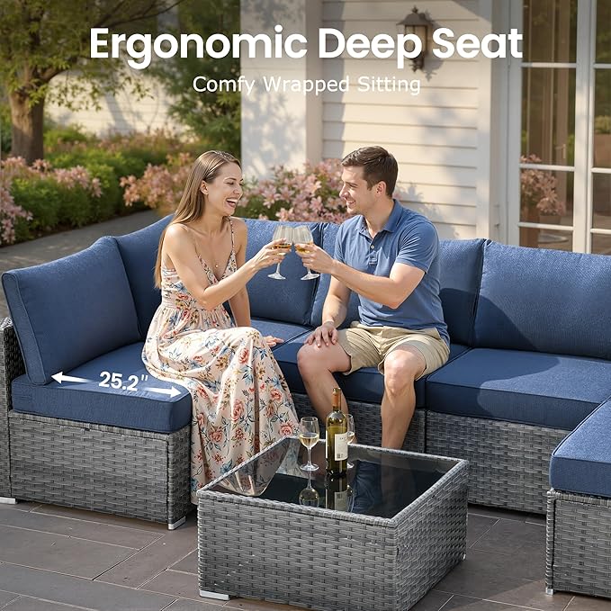11 PCS Outdoor Patio Furniture Sets with 42'' Fire Pit Table,Wicker Weather Resistant Patio Conversation Set with 2 Wicker Rocking Chair,Modular L Shaped Sofa with Coffee Table for Yard,Denim Blue