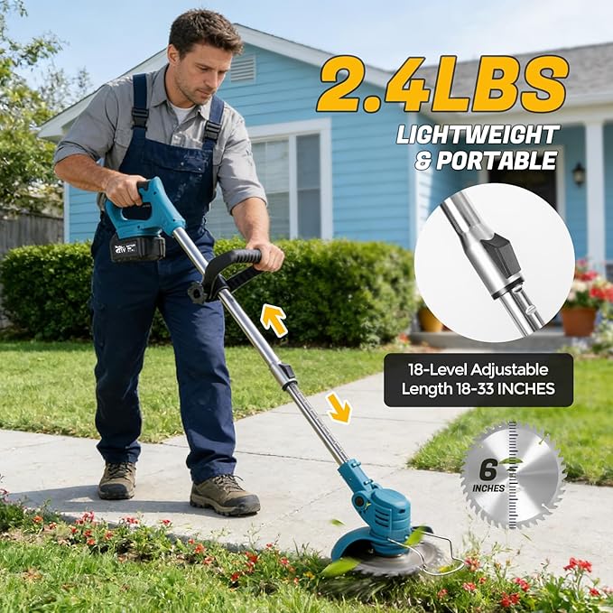 Electric Weed Wacker 21V 2×3.0Ah Battery Powered Weed Eater with Telescopic Pole, 90° Adjustable Head, Lightweight Cordless String Trimmer for Lawn Yard Trimming Outdoor Pruning Landscaping