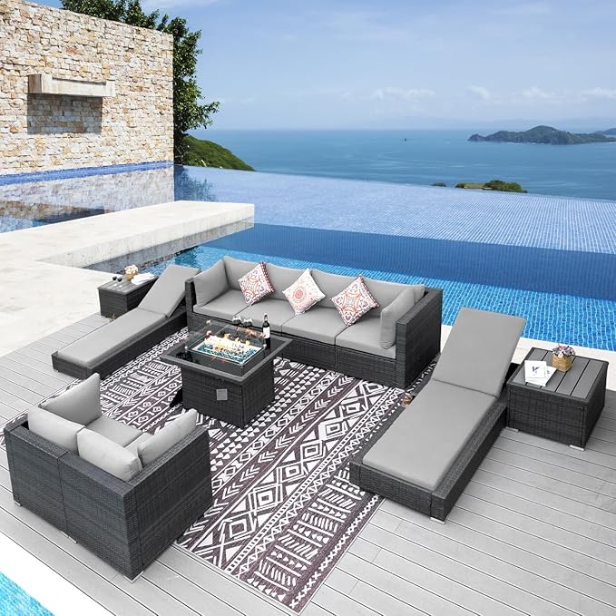 NICESOUL 11 Piece Sectional Outdoor Set with Loungers, Modern Large Backyard Seating with Firepit, 29.3'' High-Back Deep Patio Couch Sofa, Heavy Duty All-Weather Wicker Furniture for Deck, Light Grey