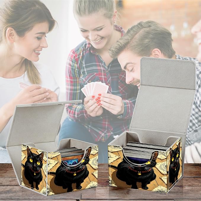 Card Deck Box for MTG, Cards Storage Box Fits 120+ Sleeved, Leather Small Size Strong Magnetic Closing Card Case for Board Games Magic TCG CCG Baseball Collection, Yellow Eyed Cat