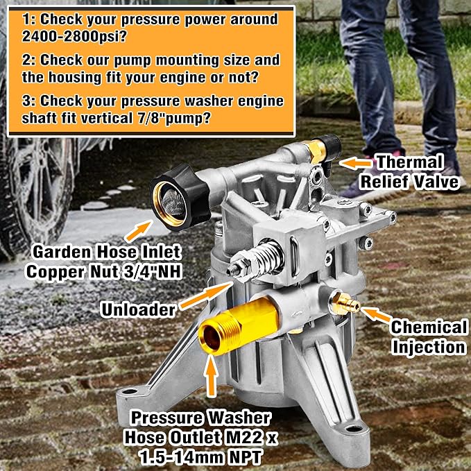 Pressure Washer Pump 7/8" Shaft, Vertical Power Washer Pump Replacement Pressure Washer Pumps for Pressure Washer 2300-2600 PSI