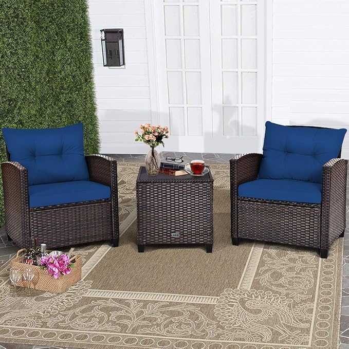 HOMGX 3 Pieces PE Rattan Wicker Patio Sofa Chairs, Outdoor Furniture Conversation Sets with Washable Cushion & Glass Table, Rattan Sofa Set for Balcony, Porch, Yard, Backyard, Lawn, (Navy Blue)