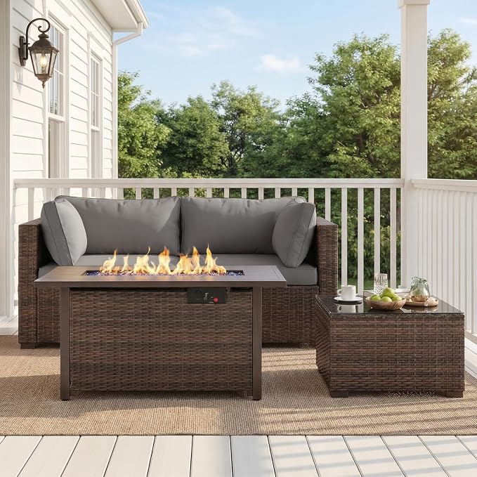 4 Pieces Patio Furniture Set with Fire Pit and Glass Table, Outdoor PE Rattan Sectional Sofa with Soft Cushions for Backyard, Porch, and Poolside (Gray, 4 PCS w/Table/Firepit)