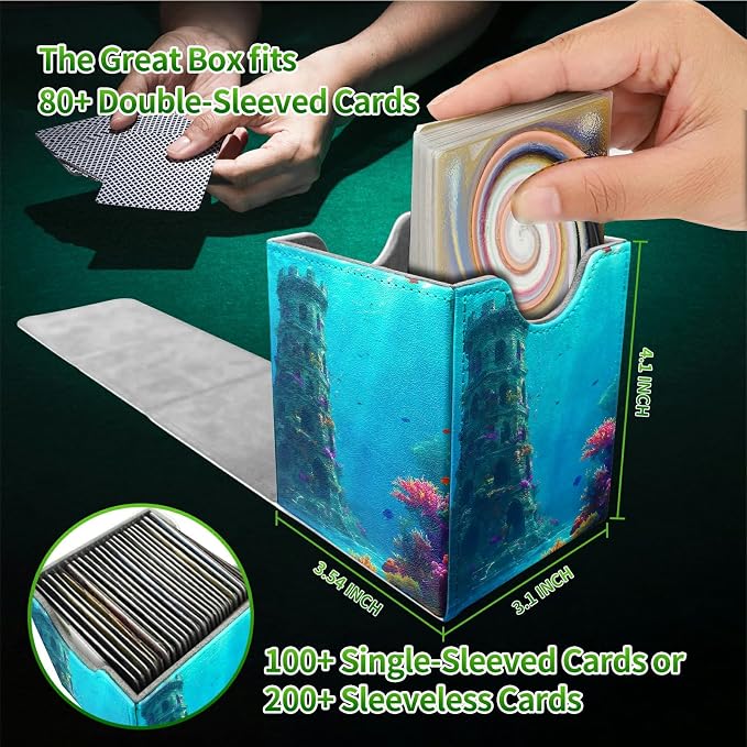 Underwater Castle Card Deck Box for MTG, Personalized Card Storage Case Fits 120+ Sleeved Cards, Premium Leather TCG Box with Strong Magnetic Closure for Magic, CCG, PTCG, Baseball Cards