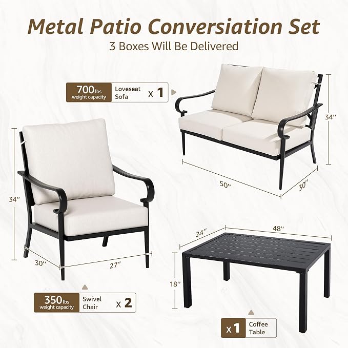 NATURAL EXPRESSIONS 4 Piece Patio Furniture Set, Vintage Metal Outdoor Conversation Set with High Back Chairs, 5.5" Thick Cushions for Balcony, Porch