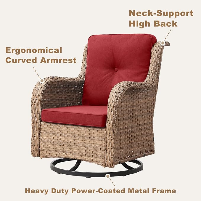 HUMMUH 3-Piece Swivel Rocking Rattan Chair Outdoor, Patio Bistro Furniture Conversation Set, Cushioned Wicker Chair with Glass Coffee Table(Yellow,Red)
