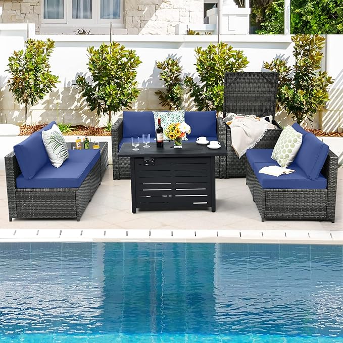 Tangkula 9 Pieces Patio Rattan Furniture Set, Patiojoy Sectional Sofa Set w/Storage Box, Coffee Table, Outdoor Wicker Conversation Set w/ 42” ETL Approved Propane Fire Pit Table (Navy Blue)