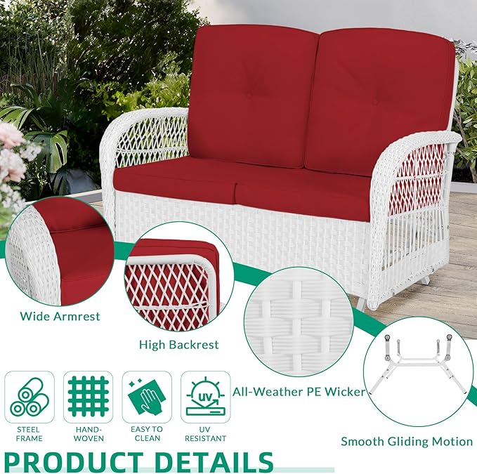 VIVIJASON 4-Piece Outdoor Patio White Wicker Conversation Sets, All Weather Rattan Furniture Set Includes Glider Loveseat, Coffee Table, 2 Glider Rocker Chairs w/Cushion for Lawn Balcony, Red