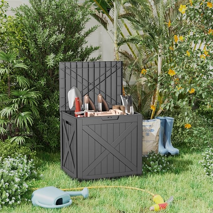 Deck Box Large Outdoor Storage for Patio Furniture,Outdoor Cushions,Garden Tools and Pool Supplies,Waterproof,Resin,Lockable (Black, 32 Galon)
