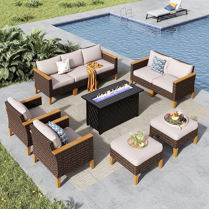 MFSTUDIO 9 Piece Wicker Patio Furniture Set with Fire Pit Table, 2 x Single Chair, 2 x Ottoman, Loveseat Sofa, 3-Seat Sofa, Outdoor Rattan Patio Conversation Set for Garden, Backyard(Beige Cushions)