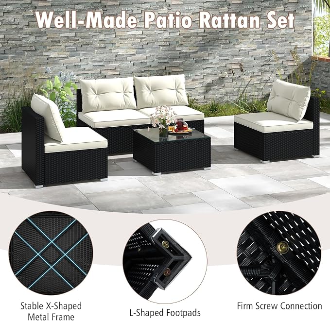 RELAX4LIFE 5-Piece Outdoor Patio Furniture Set, Rattan Sectional Sofa Set w/Glass-Top Coffee Table, Soft Seat & Back Cushions, Bistro Set for Garden Backyard Porch, Wicker Conversation Set (Off White)