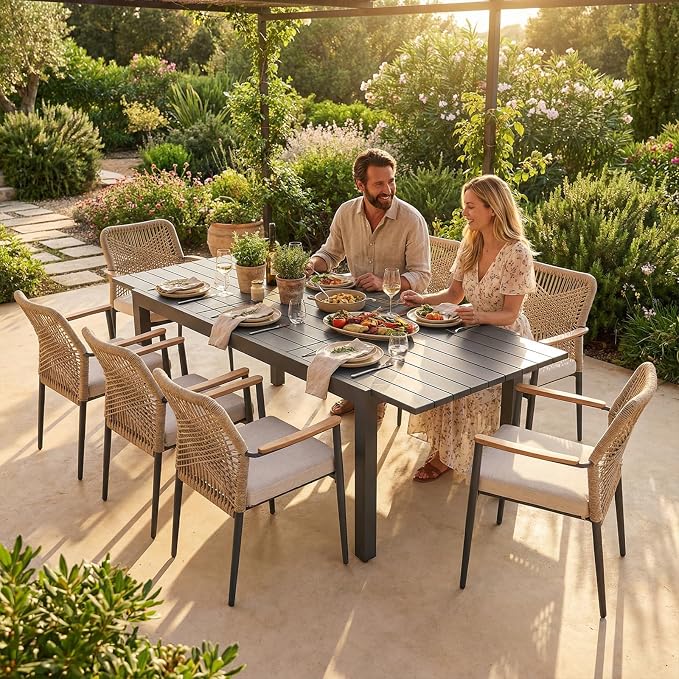 SUNSITT 7 Piece Outdoor Patio Dining Set, 59" - 83" Aluminum Expandable Outdoor Dining Table and 6 Woven Wicker Patio Chairs w/WPC Armrests for Garden, Dark Grey