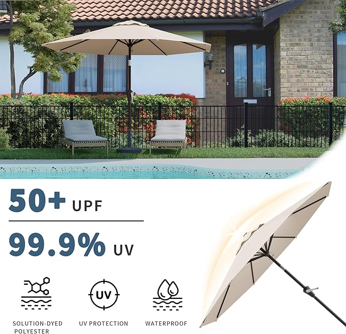 10FT Patio Umbrella, Outdoor Umbrella with Push Button Tilt and Crank, 8 Sturdy Ribs, UV Protection & Waterproof Market Umbrella for Pool, Backyard, Beach,Deck (Beige)