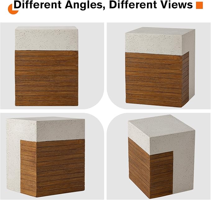 HOMPUS Outdoor Side Table w Faux Wood Design, Patio MgO Concrete Natural End Table, Square Accent Table, Small Coffee Table for Garden, Patio, Porch and Deck, Terrazzo