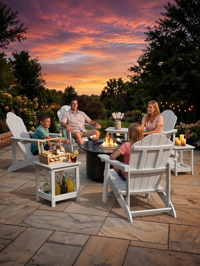 LUE BONA Outdoor Side Table, 2-Tier HDPE Small Outdoor End Table with Rail for Patio, Deck, Poolside, Low Maintenance & Weather Resistant, White