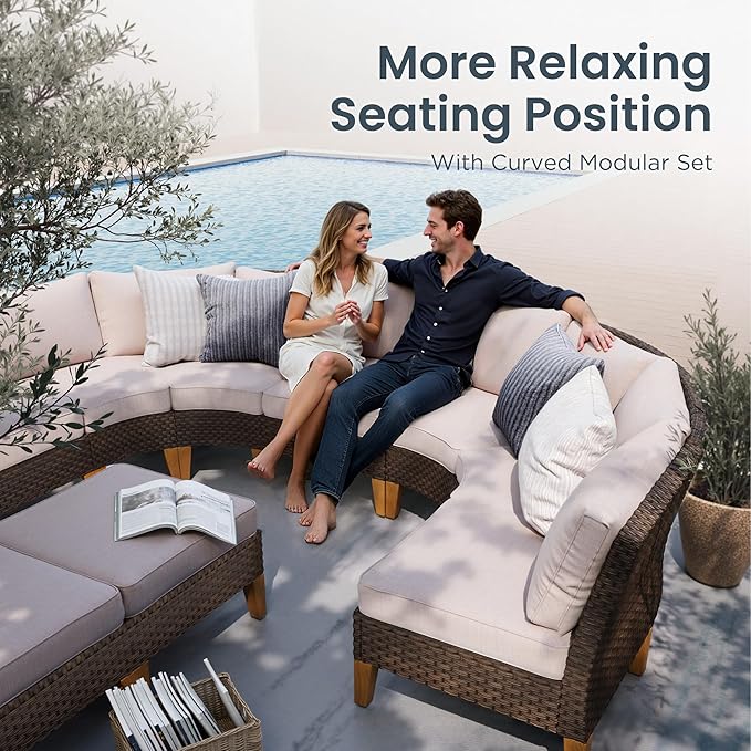 PHI VILLA 9-Piece Half Moon Patio Furniture Set with 56" Fire Pit Table, Outdoor Wicker Sectional Sofa with Thick Beige Cushions, 2 Ottomans, Large Curved Conversation Seating for Garden or Backyard