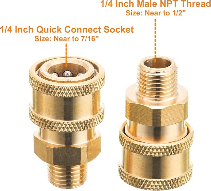 RIDGE WASHER Pressure Washer Couplers, 1/4'' Quick Connect, 2 Pack | Brass, Male NPT Thread, 5000 PSI