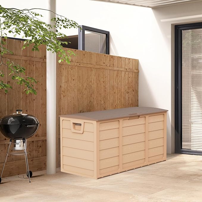 75 Gallon Outdoor Deck Box - Heavy Duty Resin Storage with Lockable Lid, UV Resistant for Patio Furniture Cushions, Pillows (Brown)