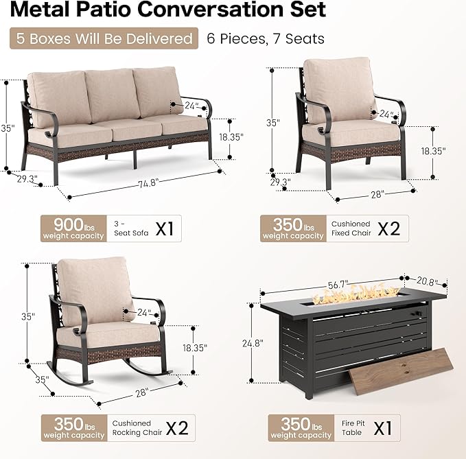 6 Piece Metal Outdoor Patio Furniture Sets with Firepit Table, Patio Conversation Sets 1 3-Seater Sofa, 2 Leg Chair and 2 Rocking Chair with 5.75" Cushion for Backyard Deck, Beige