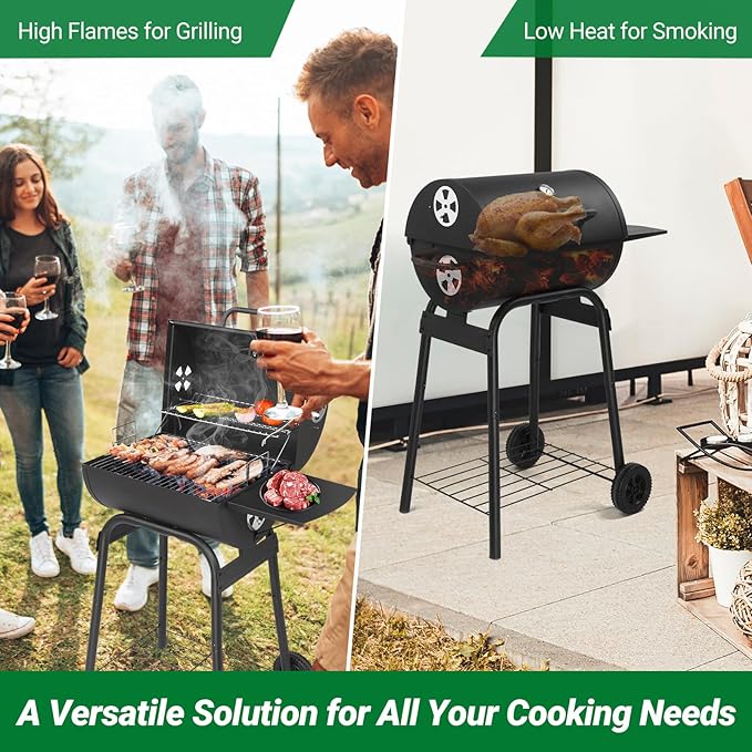 Outdoor BBQ Charcoal Grills,Heavy Duty Charcoal Grill,Metal Outdoor Barbecue Smoker,Portable Camping Barbecue Grills,with Side Table and Wheels,for Garden, Backyard, Patio, Picnics, Party (Black)